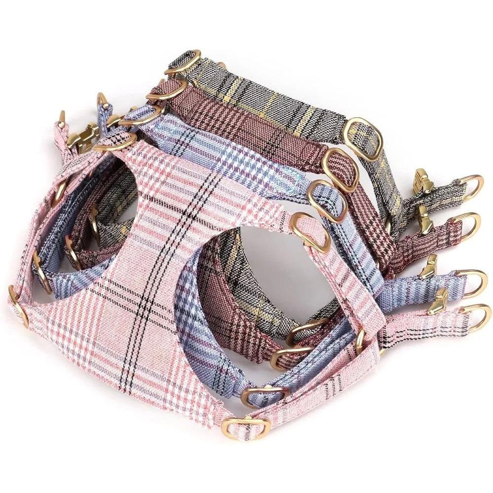 Cute Small Dog Harness Set with Adjustable Plaid Collar and Leash
