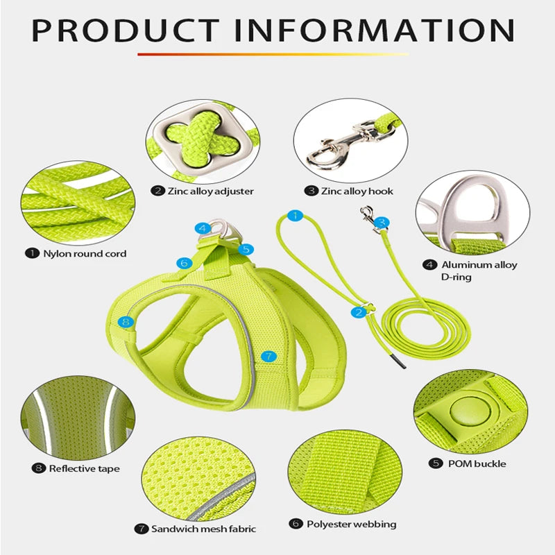 Adjustable Reflective Dog Harness Leash Set for Small Dogs