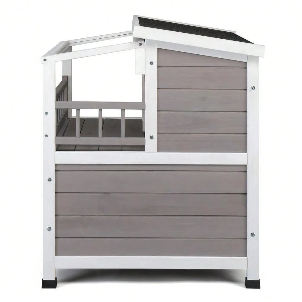 Outdoor Wood Two Floor Cat Condo Pet House with Balcony Stairs