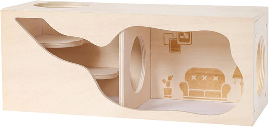 Wooden Hideout House With Tunnel for Small Pets