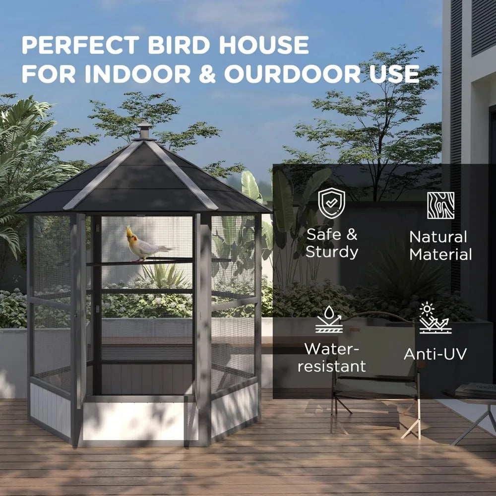 Hexagonal Outdoor Wooden Bird Aviary With Covered Roof