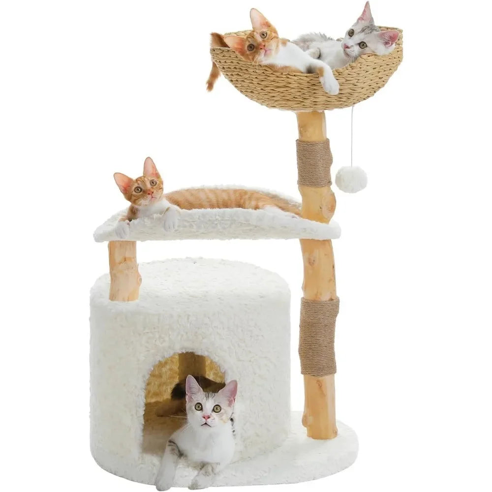 Cat Tree for Indoor Cats Large Adults Modern Cat Tree Tower with Spacious Wicker Basket Natural Solid Wood Scratching Posts