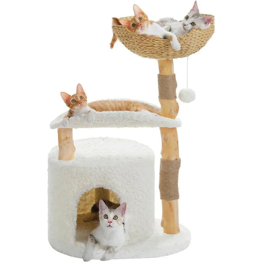 Cat Tree for Indoor Cats Large Adults Modern Cat Tree Tower with Spacious Wicker Basket Natural Solid Wood Scratching Posts