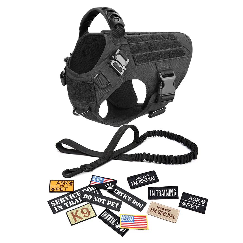 Military Style Dog Harness Set with Collar Leash and Patches