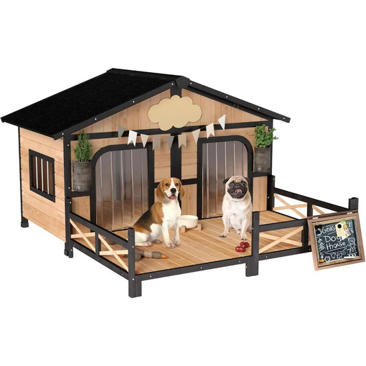 Natural Wood Double Dog House Outdoor Kennel With Porch
