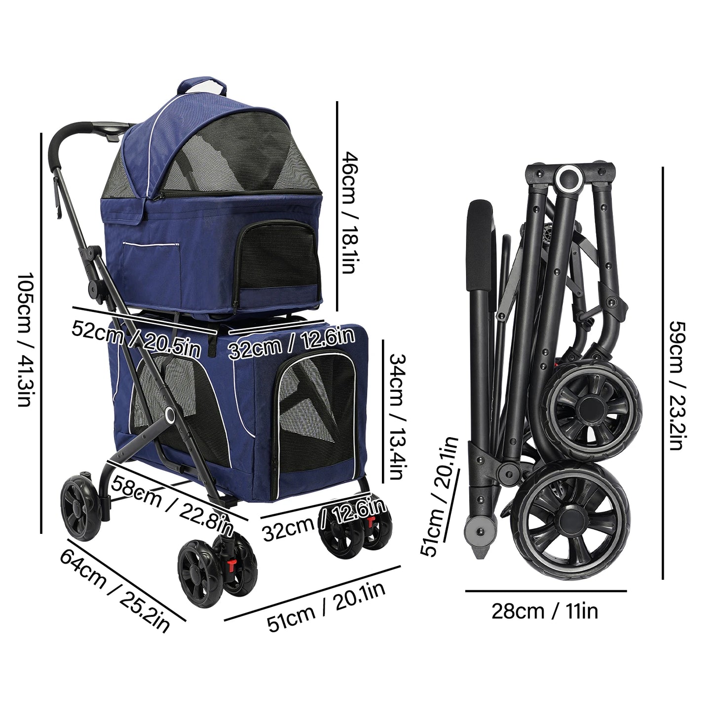 Breed Foldable Pet Stroller Travel With Storage Basket