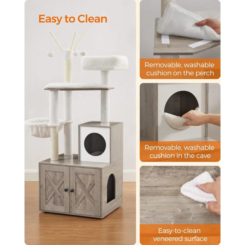 Cat Tree With Litter Box Enclosure 2 In 1 Modern Cat Tower 55.1 Inch Cat Condo With Scratching Posts Removable Pompom Sticks