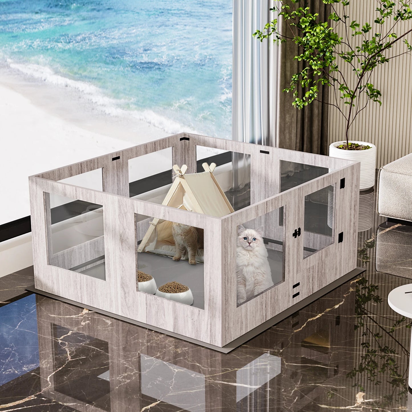 Bingo Paw Tempered Glass Dog Playpen With Waterproof Pad