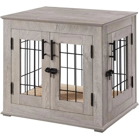 Furniture Style Dog Crate End Table Wooden Wire Kennel with Pet Bed