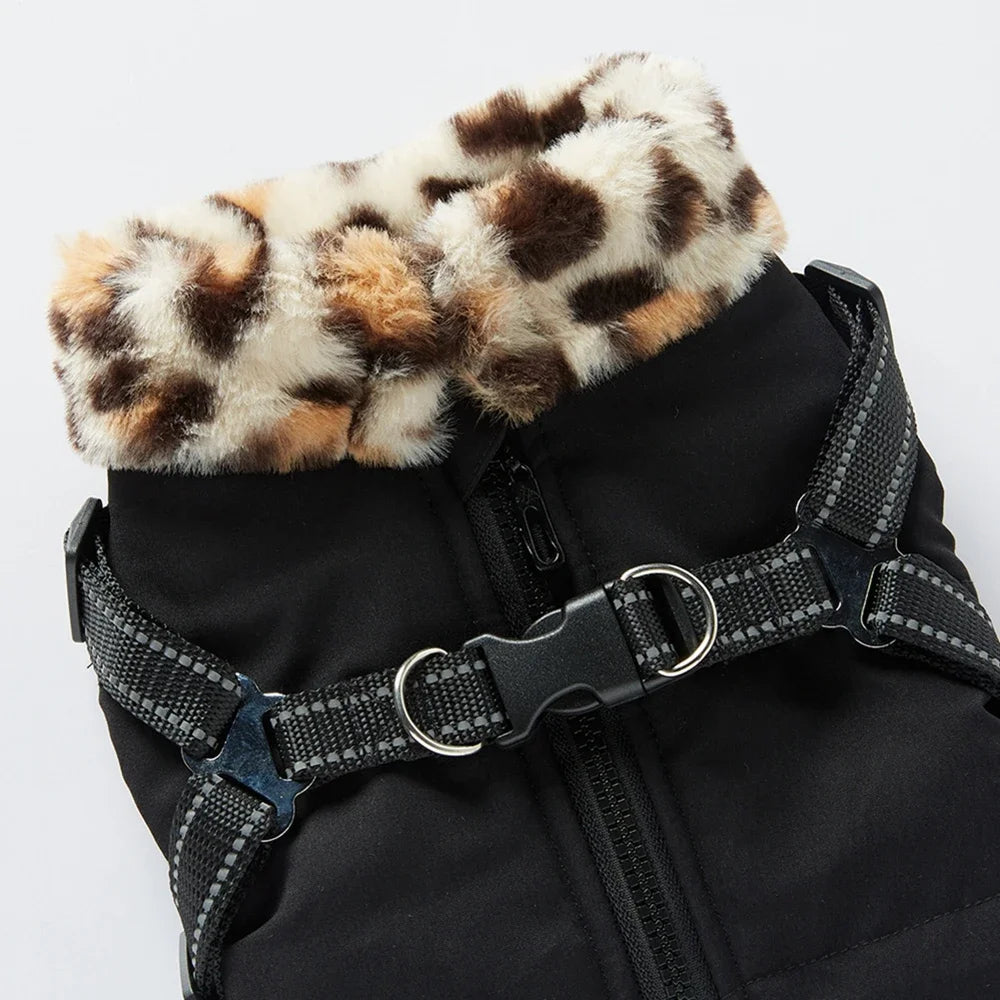 Winter Warm Dog Clothes Thicken Pet Jacket With Harness Fur Collar For Small Medium Chihuahua French Bulldog