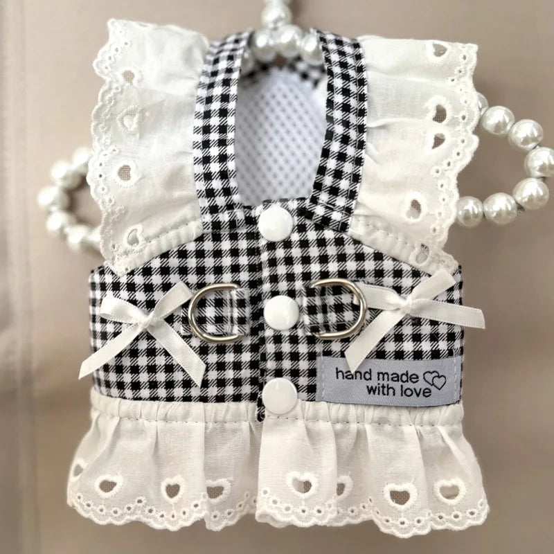 Miss Doggy Lace Puppy Harness Vest Plaid Summer Dog Outfit