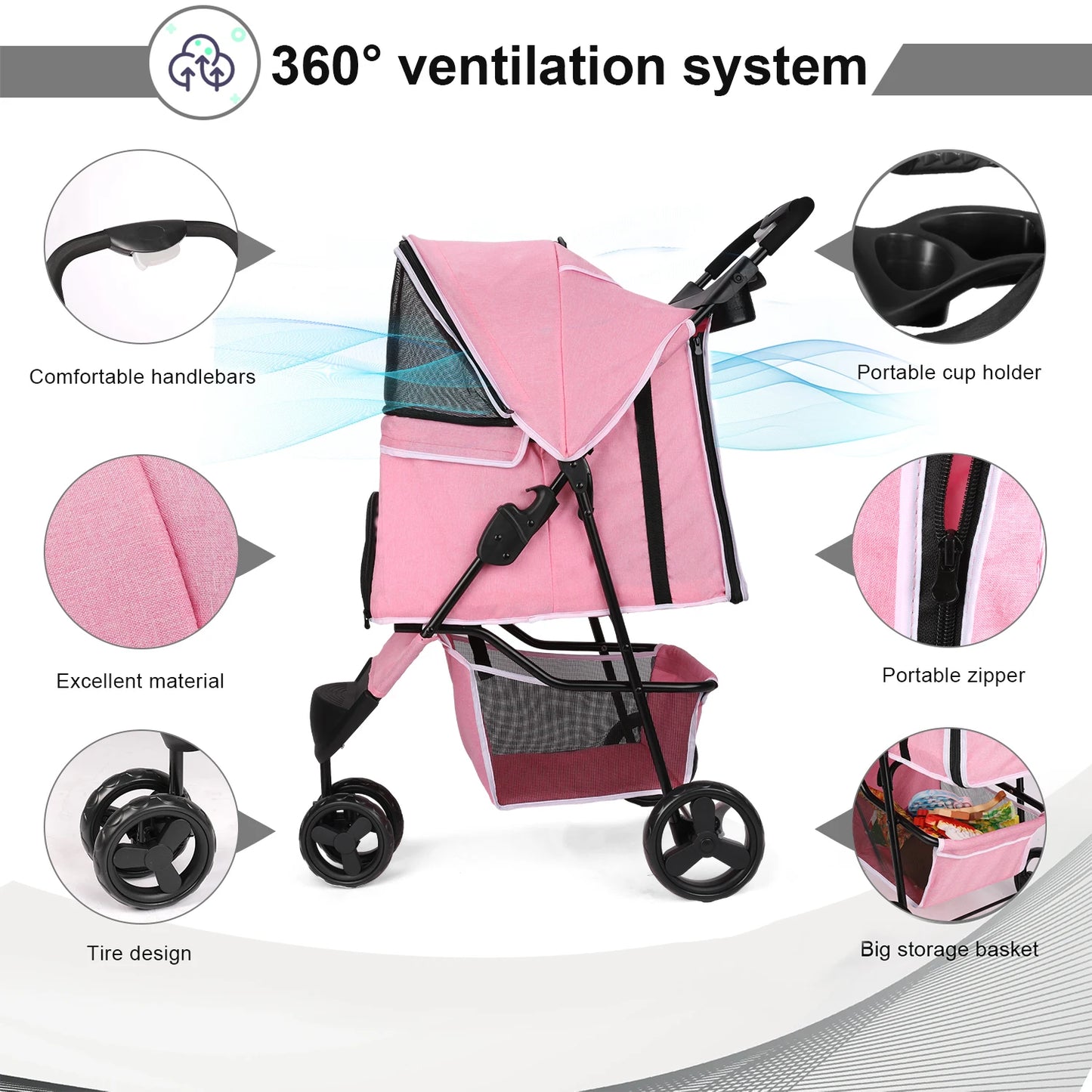Three Wheel Foldable Pet Stroller with Storage Basket and Handle