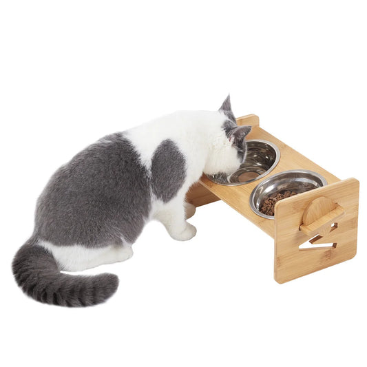 Elevated Dog Bowls with Stand Adjustable Bamboo Feeding Station