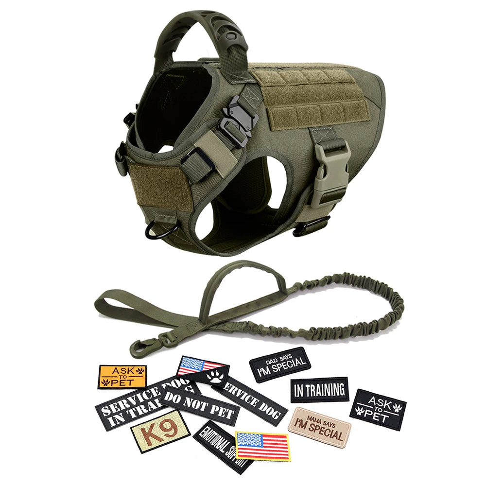 Military Style Dog Harness Set with Collar Leash and Patches