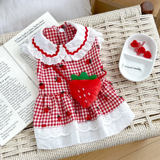 Strawberry Dress For Dogs Cute Plaid Summer Spring Apparel For Small Medium Breeds Yorkie Chihuahua Pug