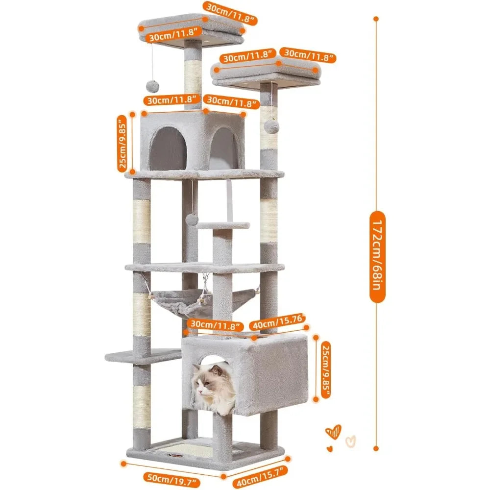 68 Inch Cat Tree Tower for Indoor Cats Plush Multi Level Condo with 6 Scratching Posts 2 Perches and 2 Caves