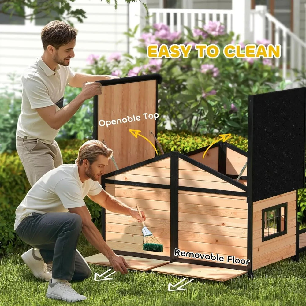 Natural Wood Double Dog House Outdoor Kennel With Porch