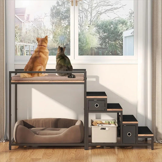 Pet Bunk Bed With Stairs And Window Perch Storage