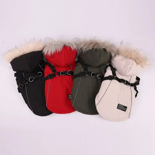 Fleece Lining Dog Hoodie with Harness Built In Warm Small Dog Jacket Winter Puppy Coats Hooded for Small Medium Dogs