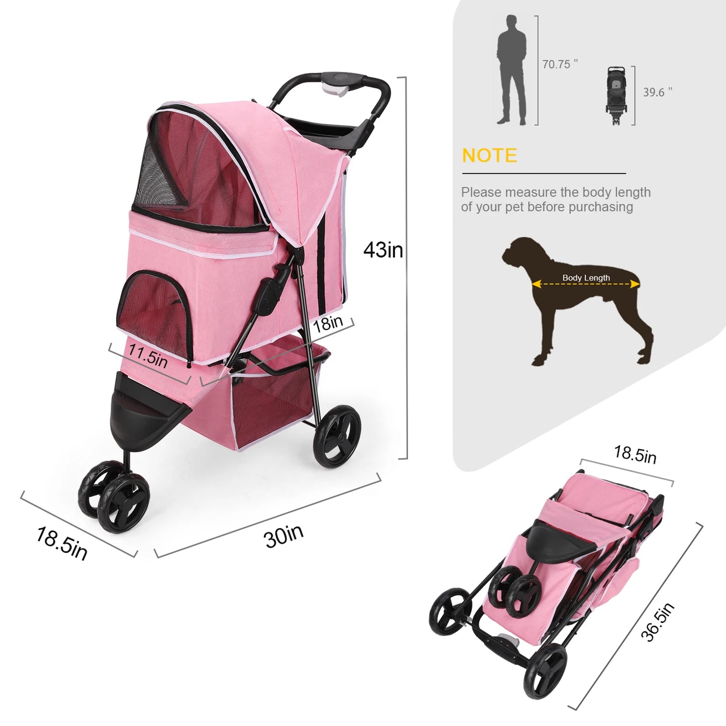 Three Wheel Foldable Pet Stroller with Storage Basket and Handle