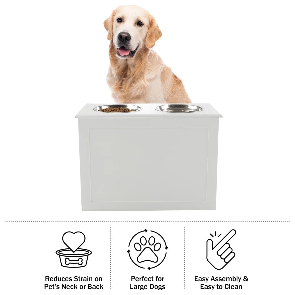 Elevated Dog Bowls with Hidden Storage Compartment Stainless Steel Pet Feeder Station Easy Clean Adjustable Height Organizer
