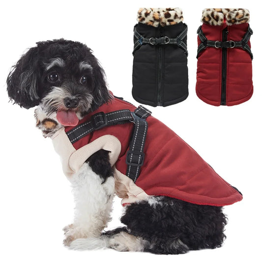Winter Warm Dog Clothes Thicken Pet Jacket With Harness Fur Collar For Small Medium Chihuahua French Bulldog