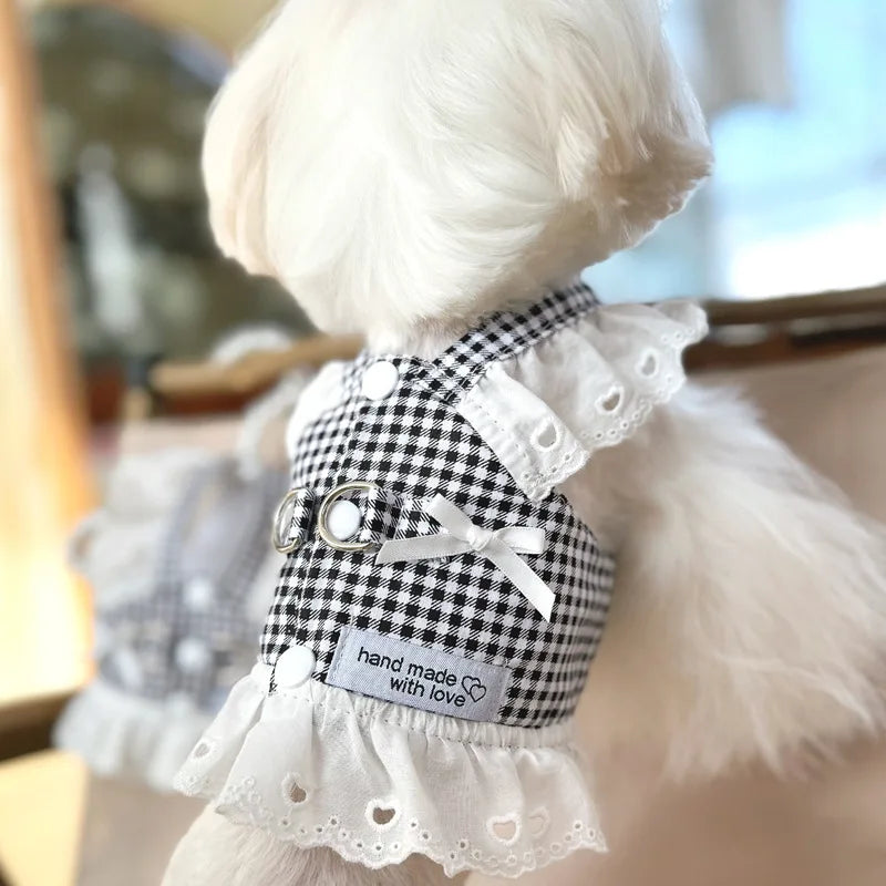 Miss Doggy Lace Puppy Harness Vest Plaid Summer Dog Outfit