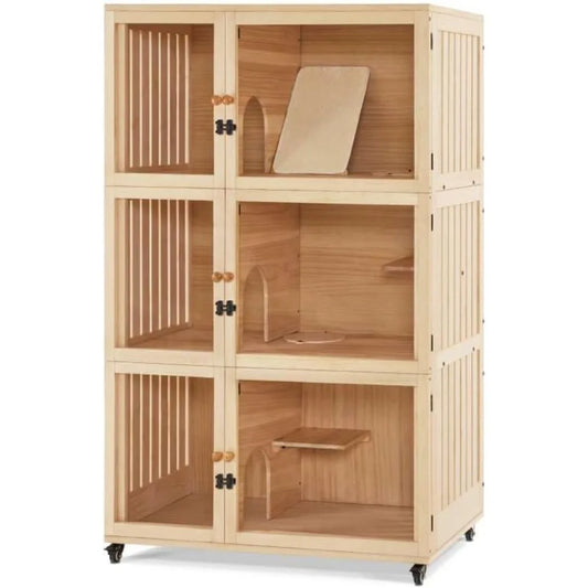 Large Wooden Cat House Villa Luxury Triple Condo with Wheels