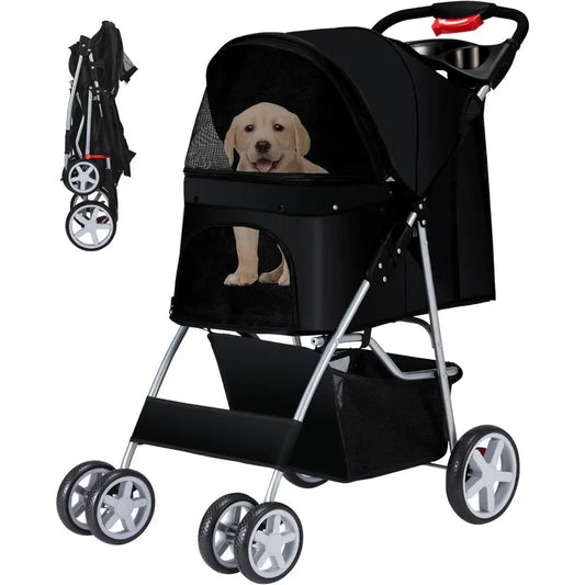 Pet Stroller 4 Wheels Folding Dog Cat Jogger with Storage Basket and Breathable Mesh for Medium Small Pets