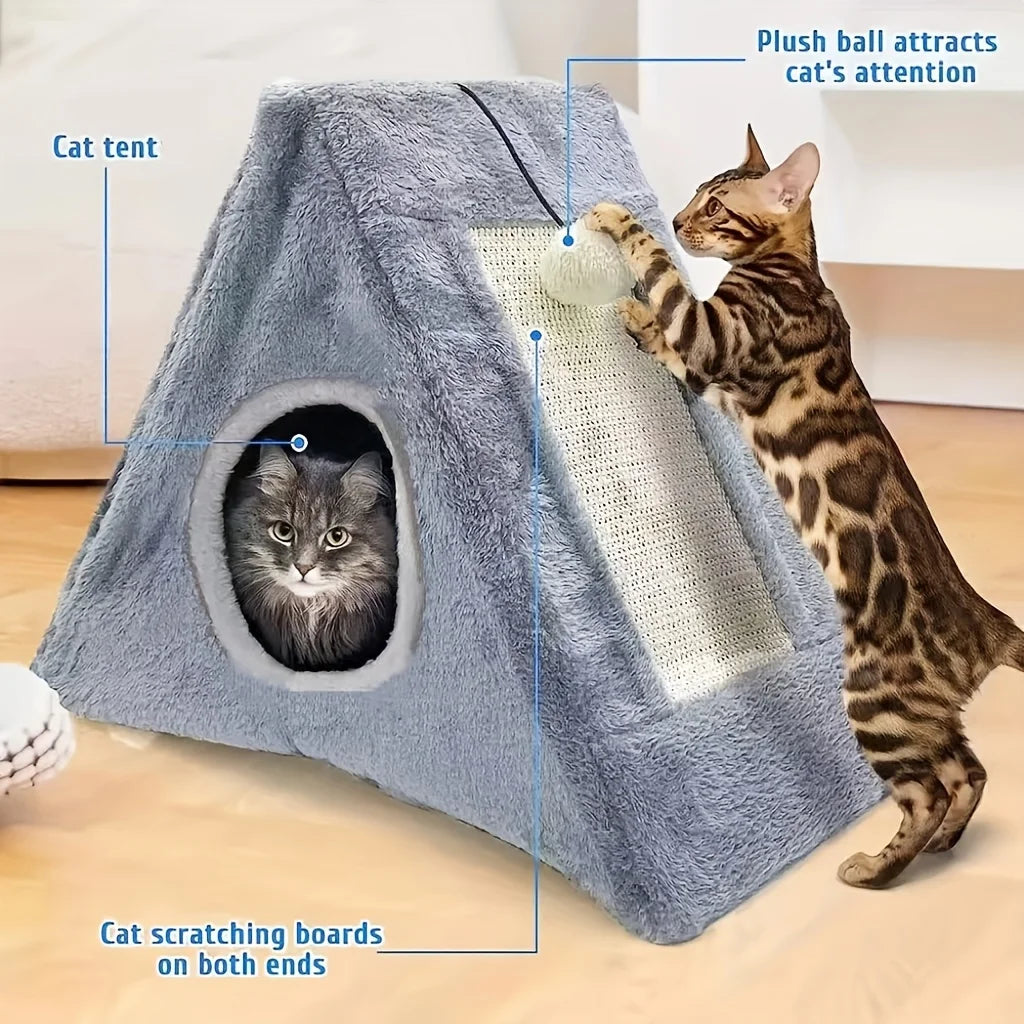 Cozy Cat Bed With Plush Toy Ball And Scratching Board Combo