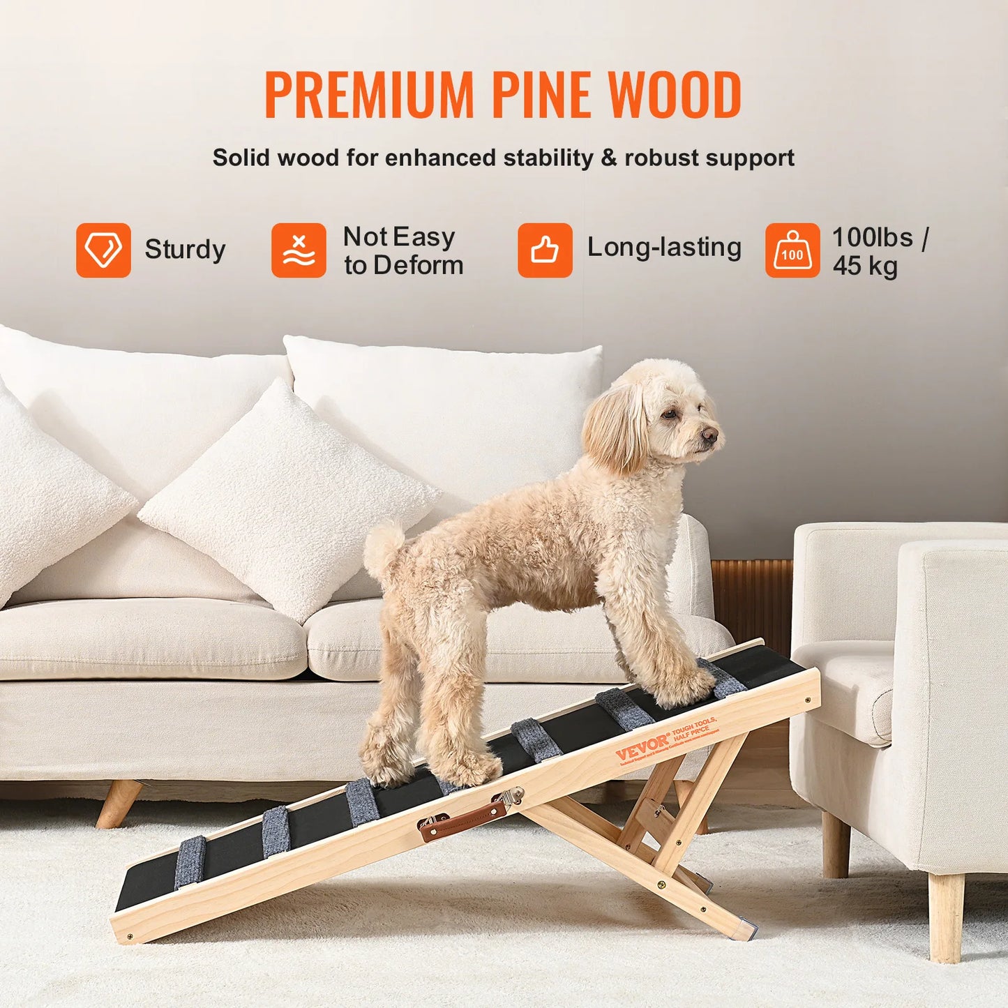 SucceBuy Dog Ramp Folding Ladder Adjustable High Anti-Slip Wooden Pet Climbing Stairs