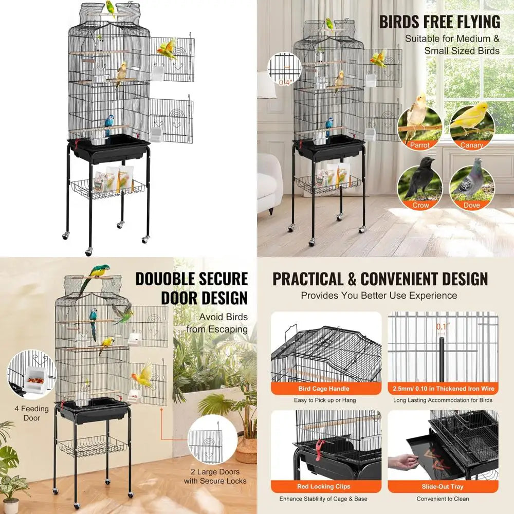 Open Top Parrot Cage With Detachable Rolling Stand