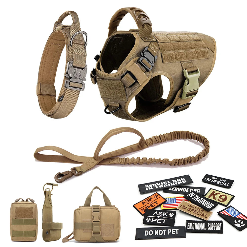 Military Style Dog Harness Set with Collar Leash and Patches