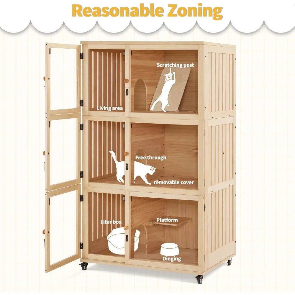 Large Wooden Cat House Villa Luxury Triple Condo with Wheels