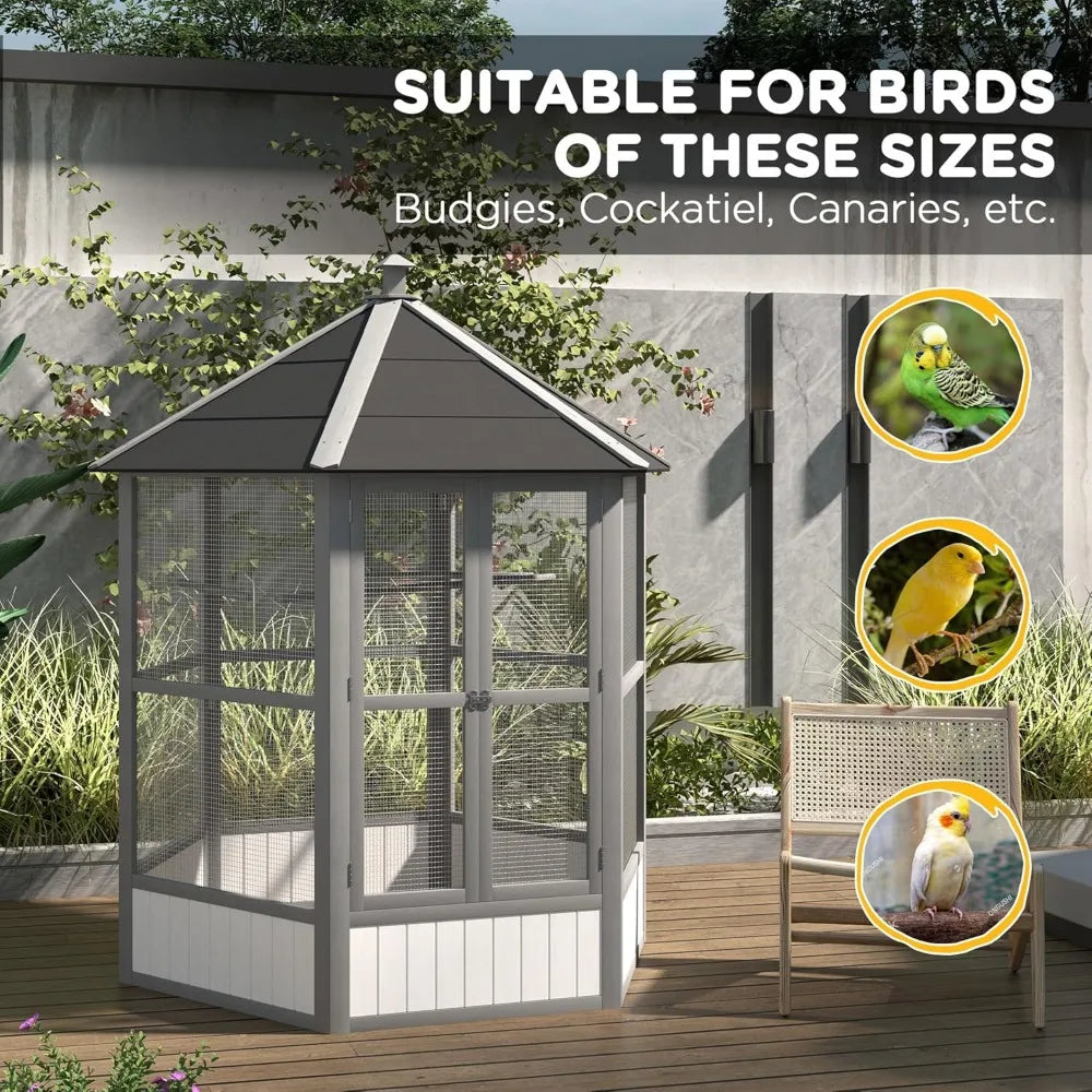 Hexagonal Outdoor Wooden Bird Aviary With Covered Roof