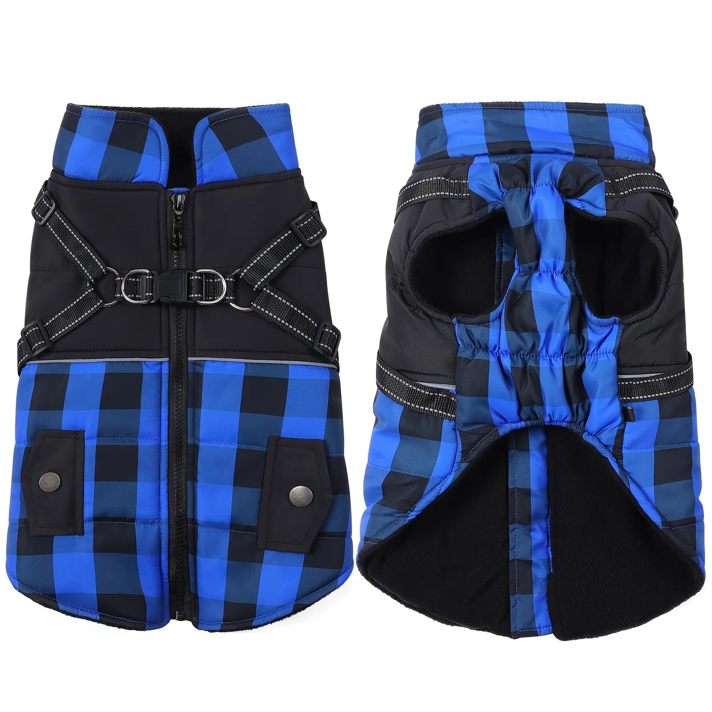 Plaid Thicken Padded Pet Dog Jacket With Harness Cold Weather Windproof Winter Coat For Small Medium Large Dogs
