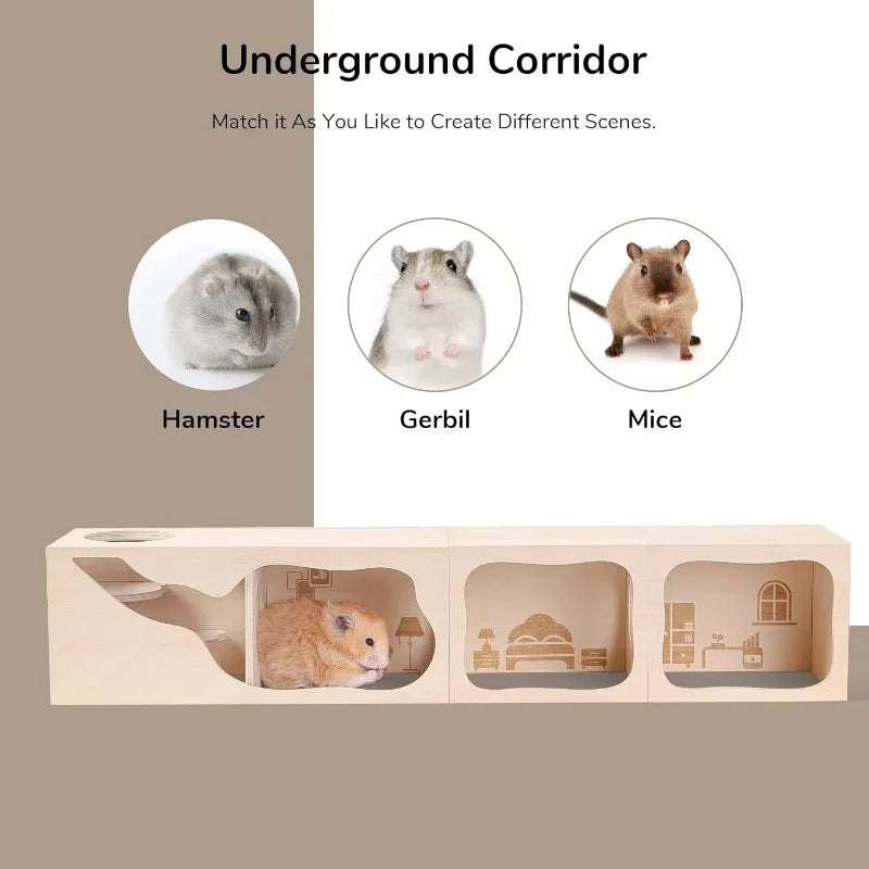 Wooden Hideout House With Tunnel for Small Pets