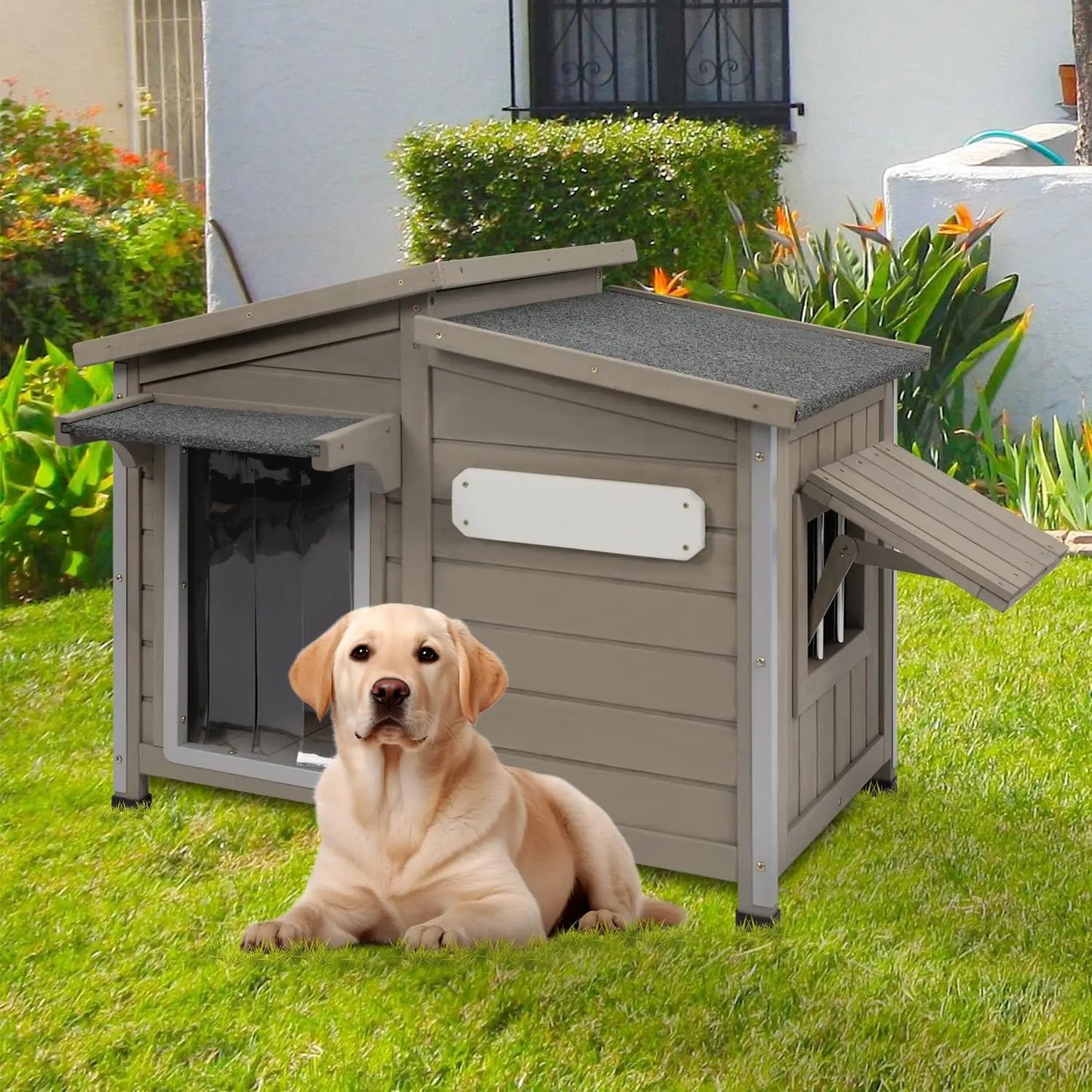 Large Weatherproof Wooden Dog House with Chew-Proof Frame