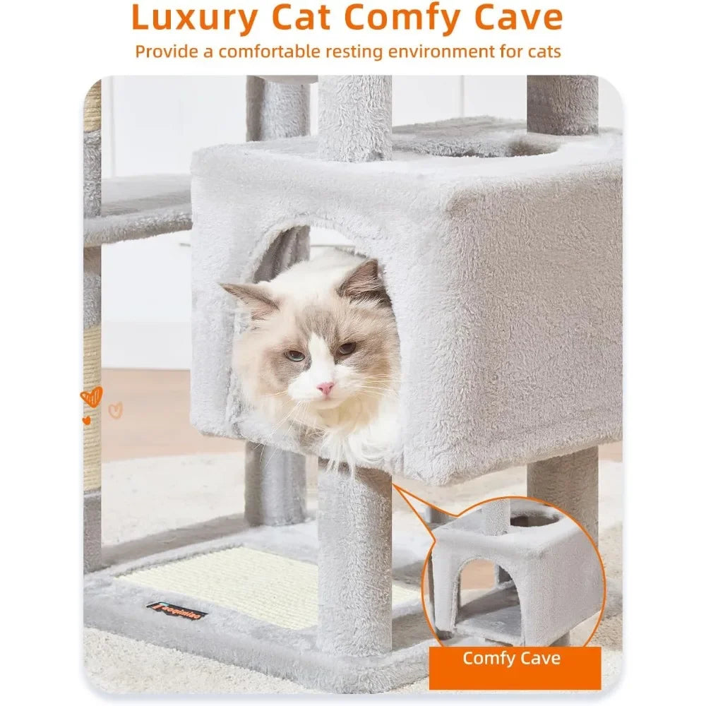 68 Inch Cat Tree Tower for Indoor Cats Plush Multi Level Condo with 6 Scratching Posts 2 Perches and 2 Caves