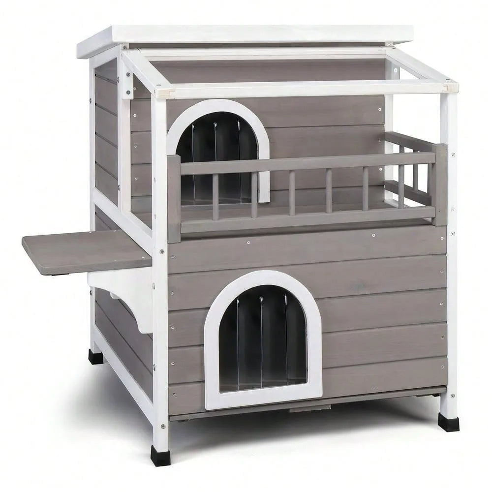 Outdoor Wood Two Floor Cat Condo Pet House with Balcony Stairs