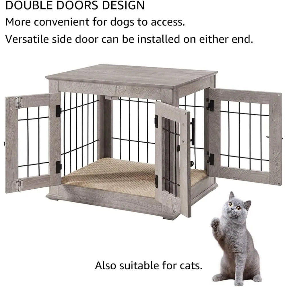 Furniture Style Dog Crate End Table Wooden Wire Kennel with Pet Bed