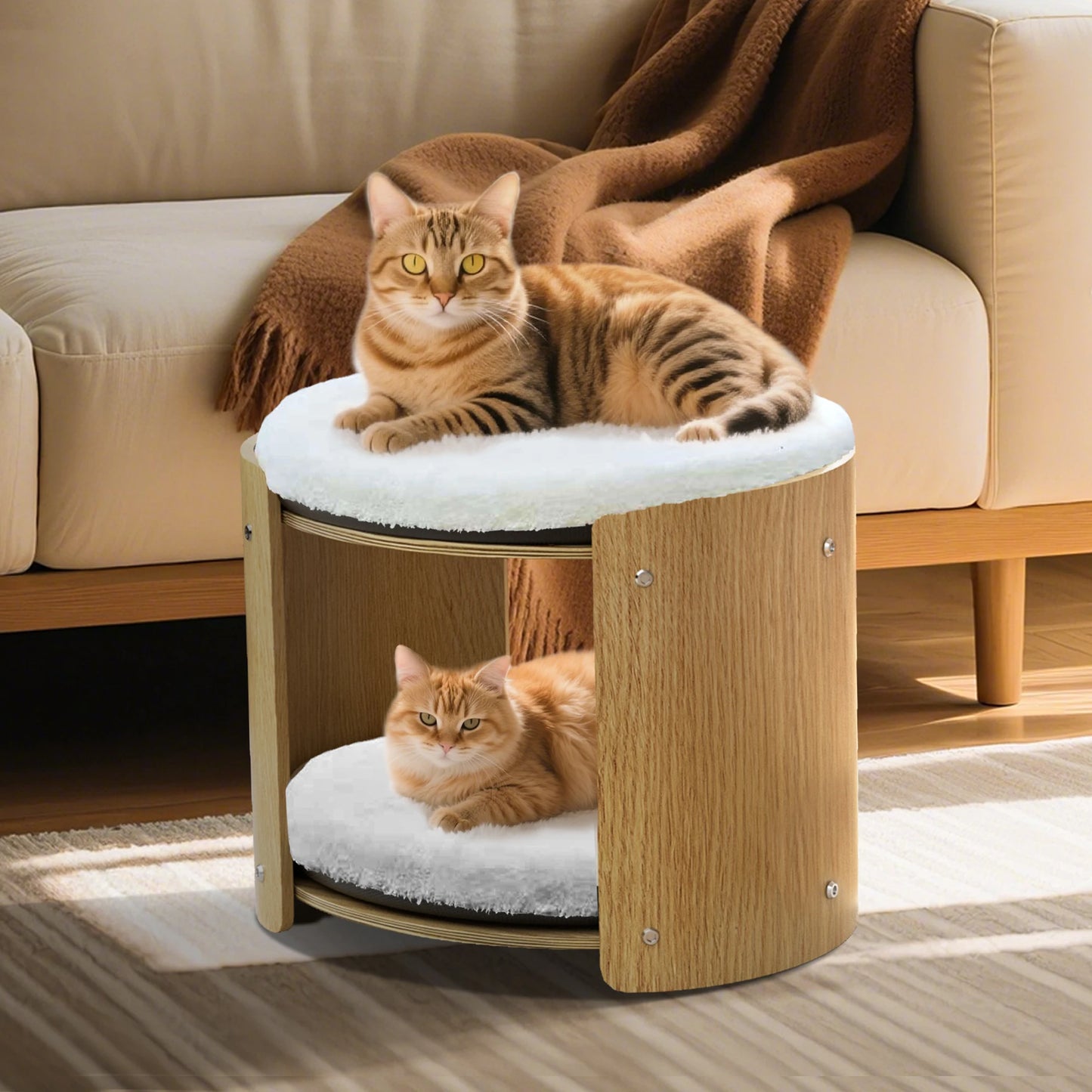 Bingopaw Elevated Cat Bed 2-Tier Cat Tree Tower with Natural Bamboo Frame and Plush Mat