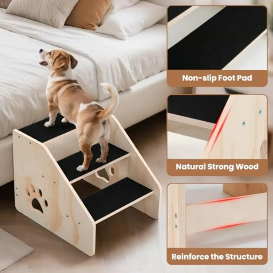 Dog Door Wooden 3 Step Dog Stairs Ramp For Pets High Beds