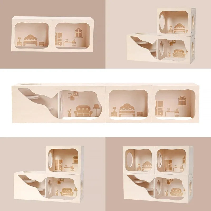 Wooden Hideout House With Tunnel for Small Pets