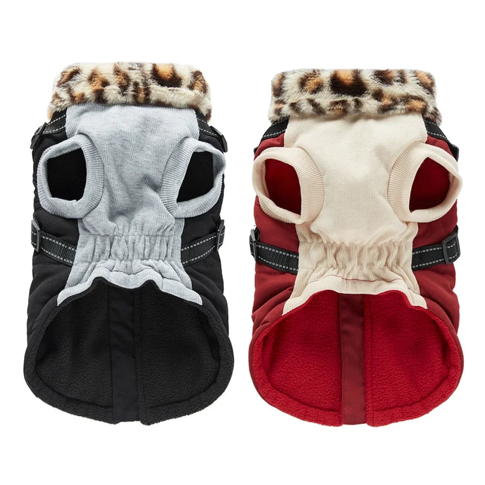 Winter Warm Dog Clothes Thicken Pet Jacket With Harness Fur Collar For Small Medium Chihuahua French Bulldog