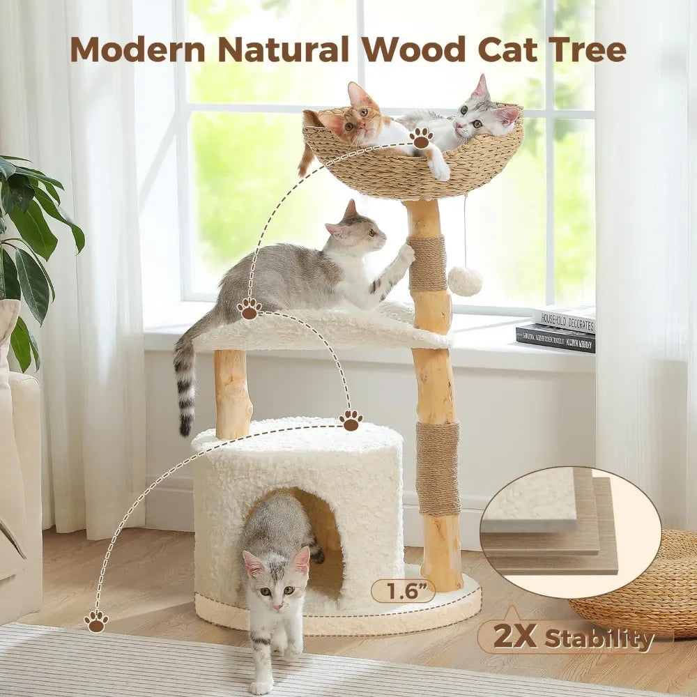 Cat Tree for Indoor Cats Large Adults Modern Cat Tree Tower with Spacious Wicker Basket Natural Solid Wood Scratching Posts