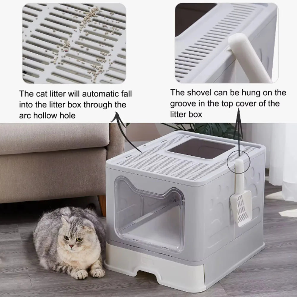 Convenient Foldable Cat Litter Box with Drawer Design and Scooper