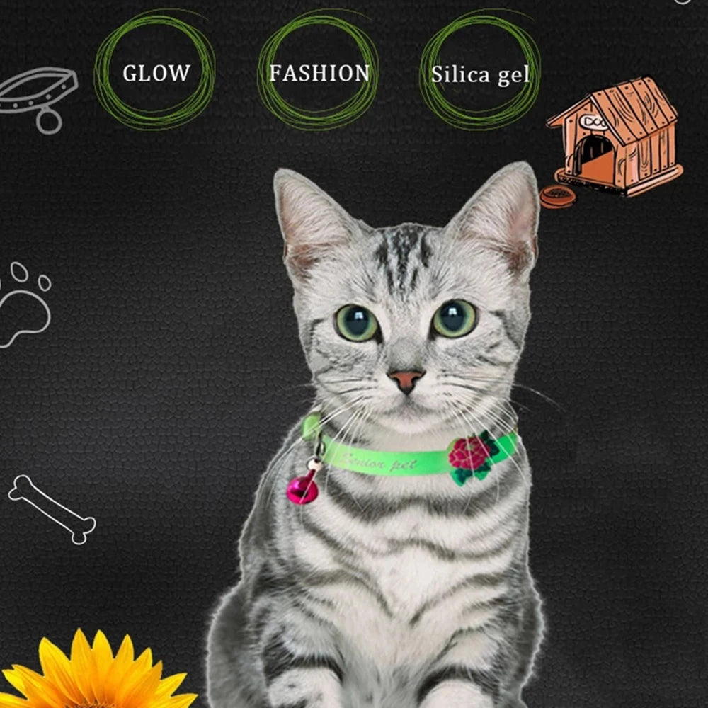Luminous Cat Necklace Glowing Silicone Pet Collar with Anti-Loss Fluorescent Bell Accessories