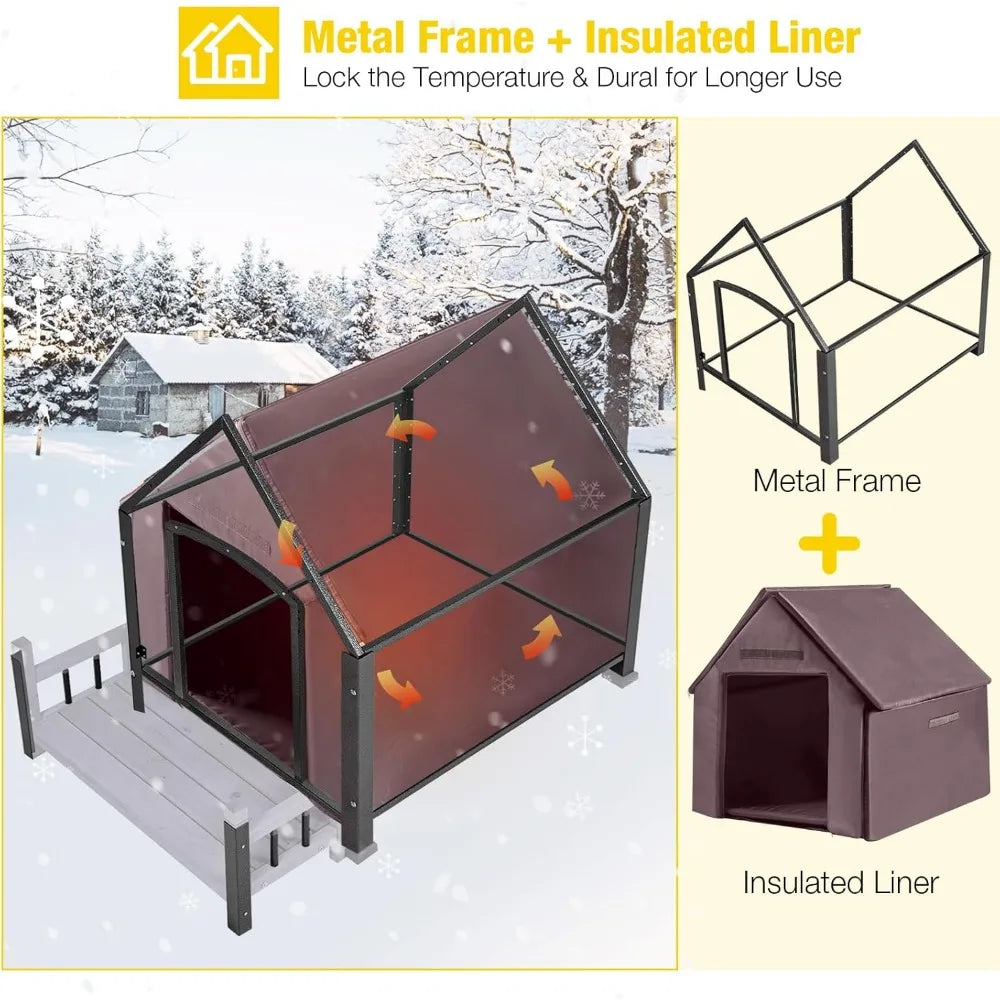 Insulated Outdoor Dog House With Metal Frame Weatherproof