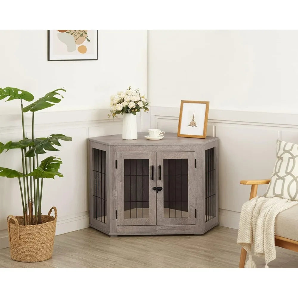 Wooden Corner Dog Crate End Table with Cushion for Small Dogs